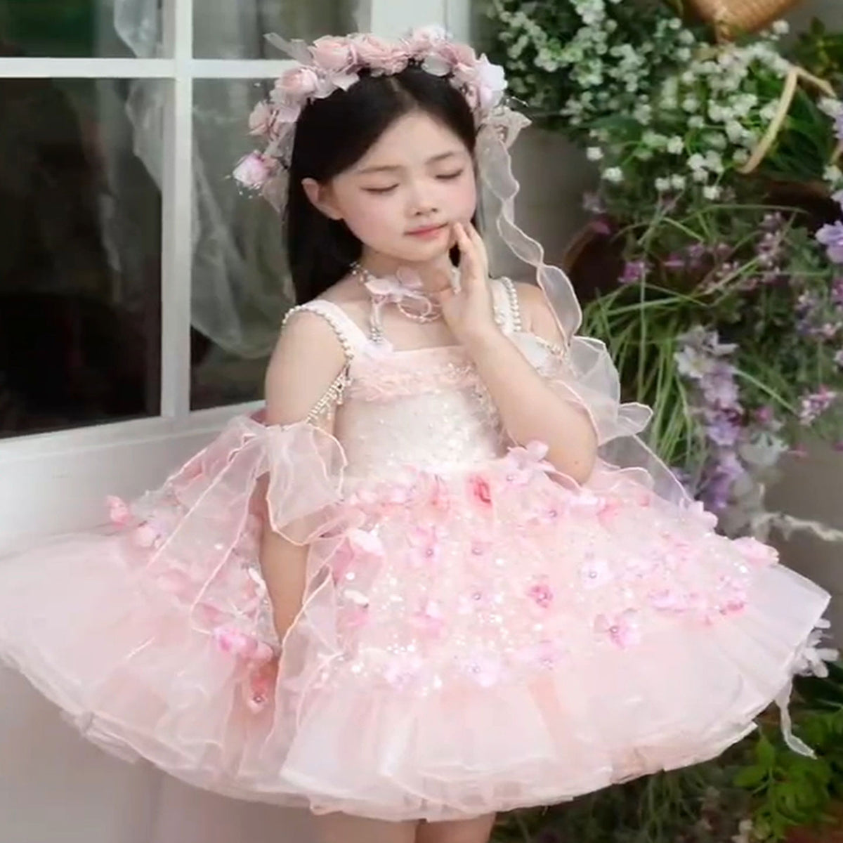 Pink Flower Girl Dress for Girls Sequin Bodice Ball Gown for Birthday M011