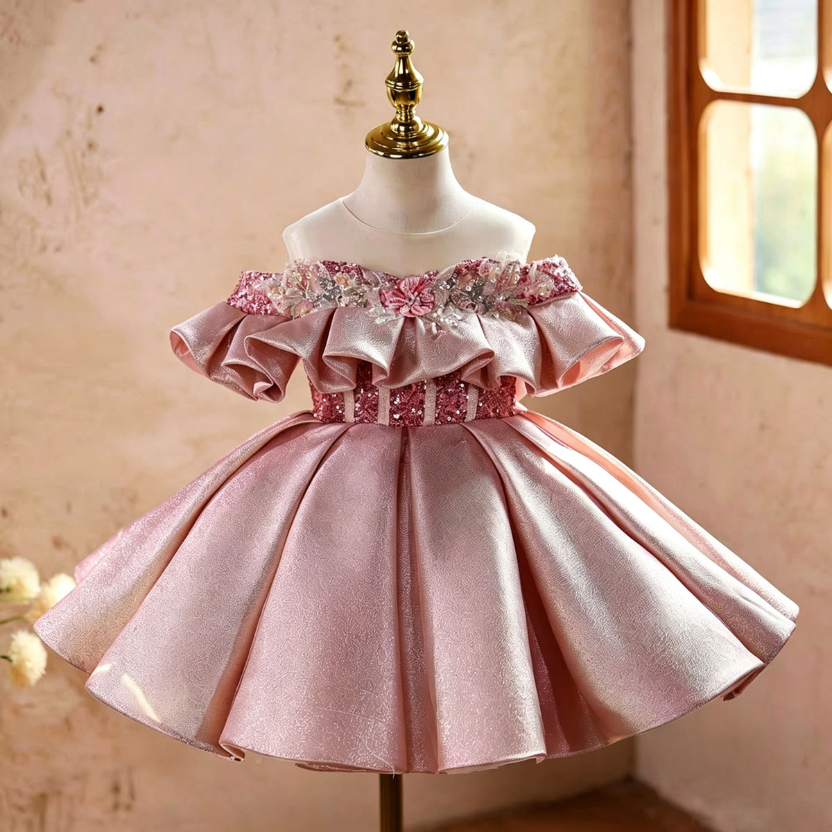 Pink Flower Girl Dress for Girls Sequin Floral Off-Shoulder Party Dress for Birthday D273