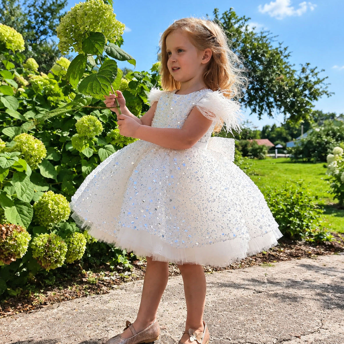 White Sparkly Feather Bow Girls Photoshoot Dress C001