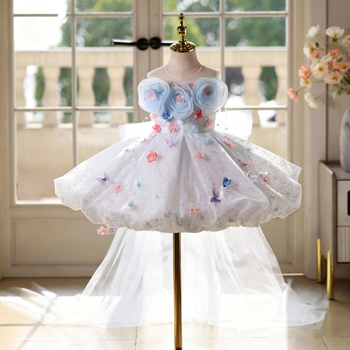 Blue Flower Girl Dress for Girls Tulle Party Dress with 3D Flowers J896