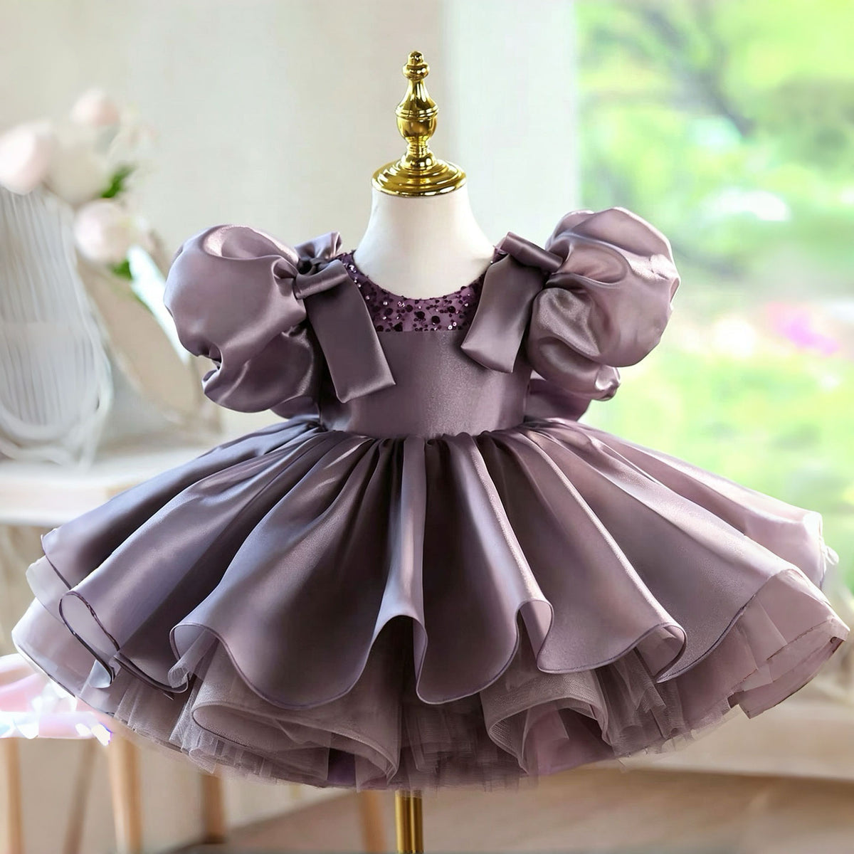 Dusty Lavender Flower Girl Dress for Girls Puff Sleeve Bow Party Dress for Party D278