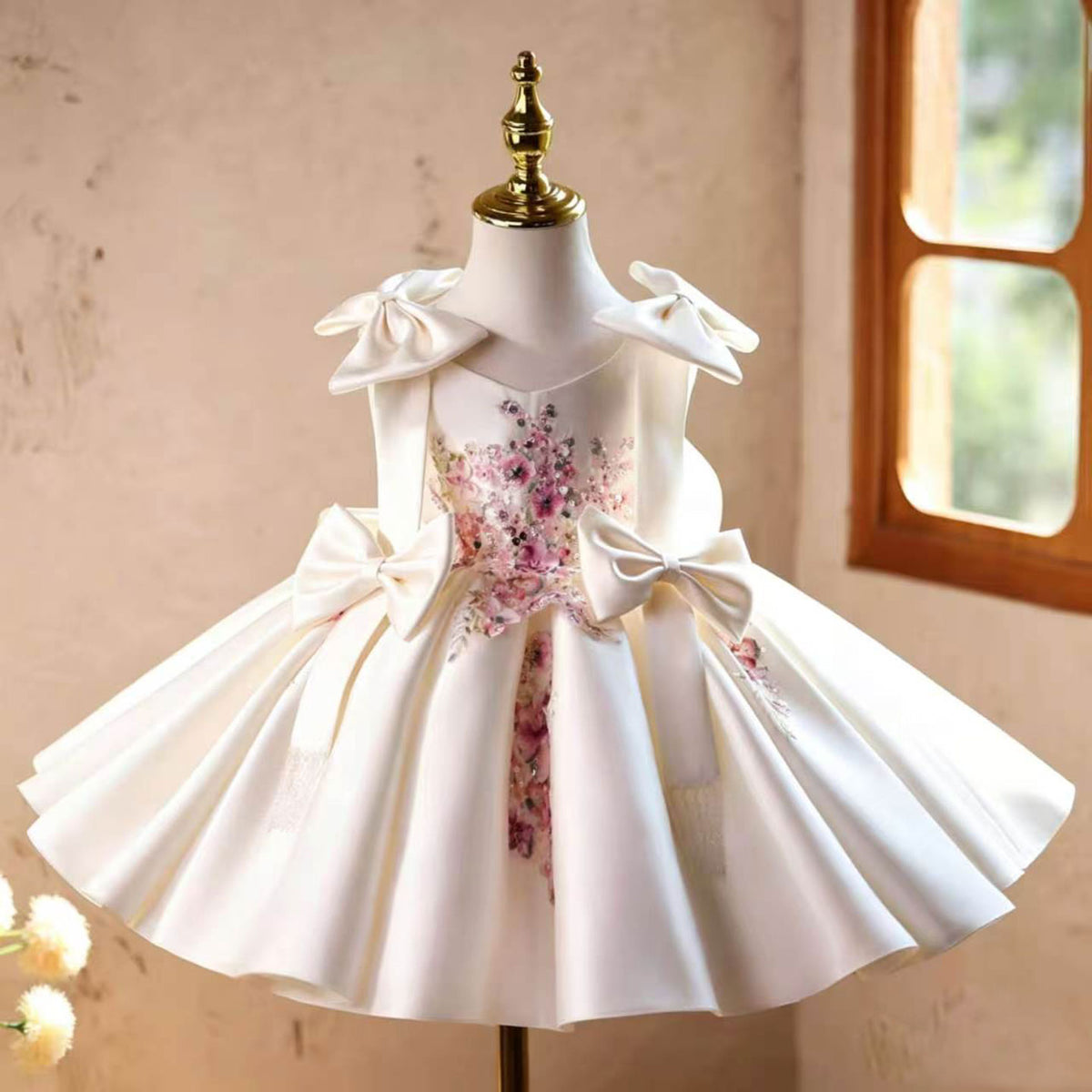 White Flower Girl Dress for Girls Large Bow Waist Party Dress for Birthday J900