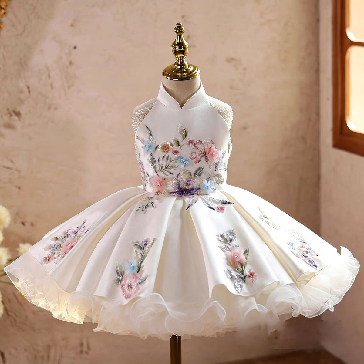 White Flower Girl Dress for Girls Satin Embroidery Party Dress for Wedding D270
