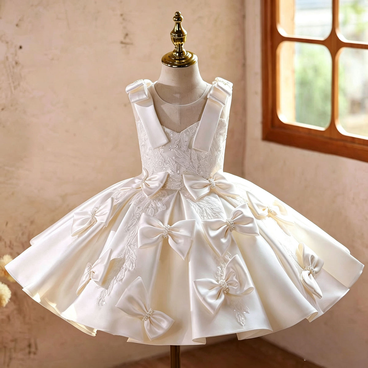 White Flower Girl Dress for Girls Satin Lace Ball Gown for Wedding J894