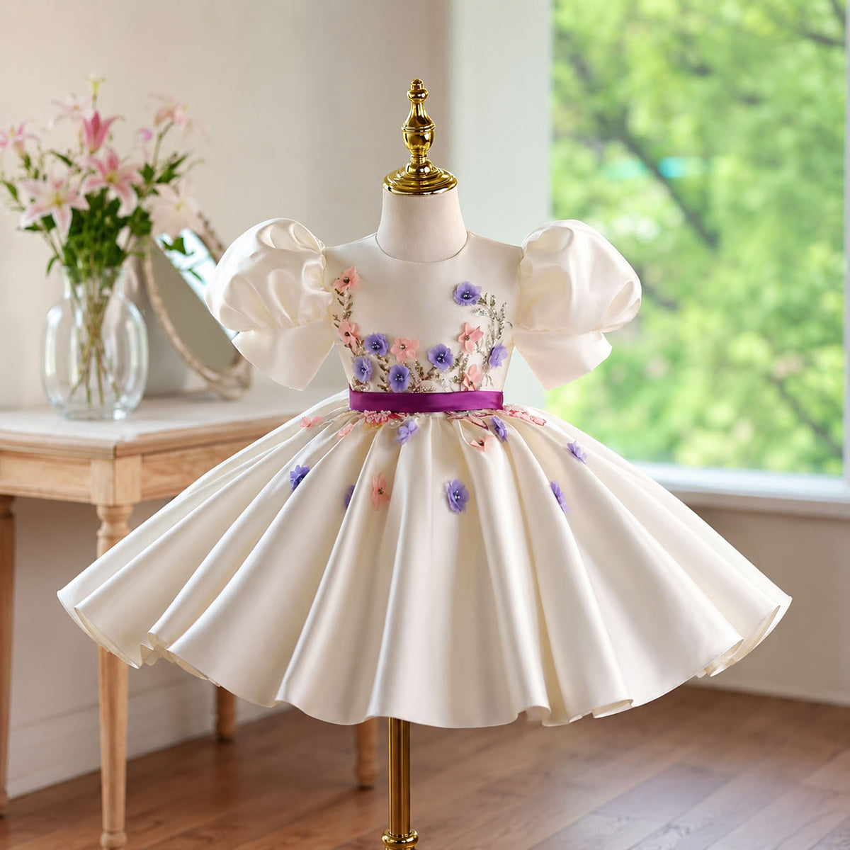White Flower Girl Dress for Girls 3D Floral Applique Party Dress for Birthday D276
