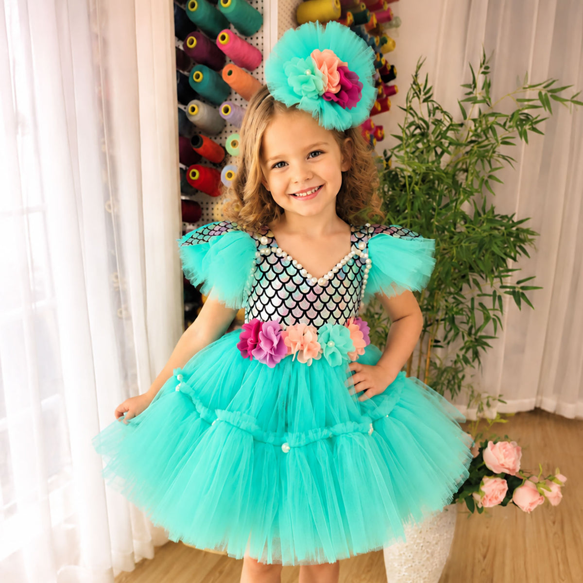 Green Flower Girl Dress for Girls Puff Sleeve Floral Tulle Ball Gown for Mermaid Theme D291