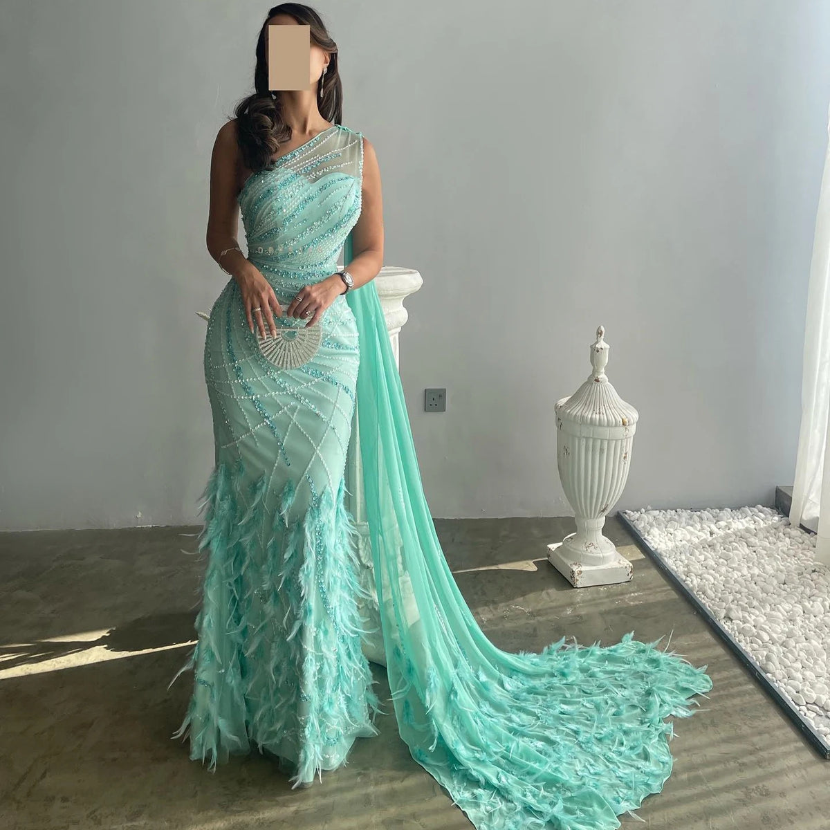 Luxury Feather Turquoise Aqua One Shoulder Mermaid Evening Dress with Cape SS498