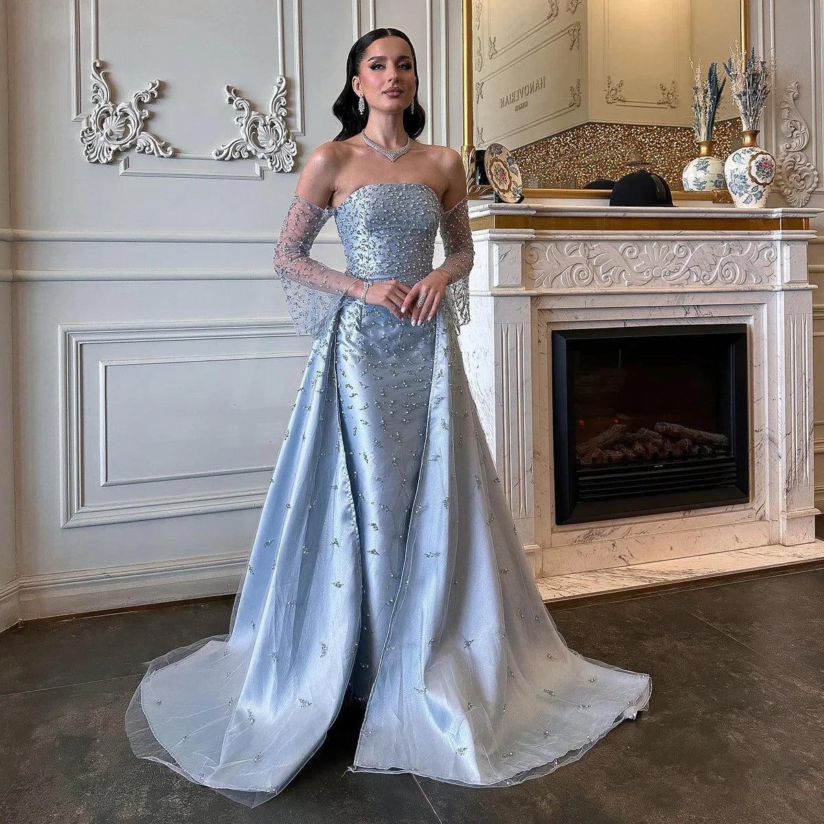Arab Dubai Evening Dress Silver Gray Woman Wedding Party Prom Formal Gowns SS484
