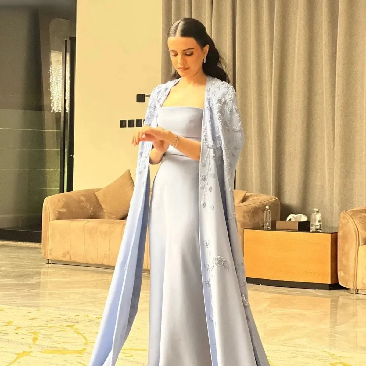 Arabic Blue Mermaid Evening Dress with Cape Sleeves Luxury Beaded Dubai Women Wedding Guest Party Gowns SS407
