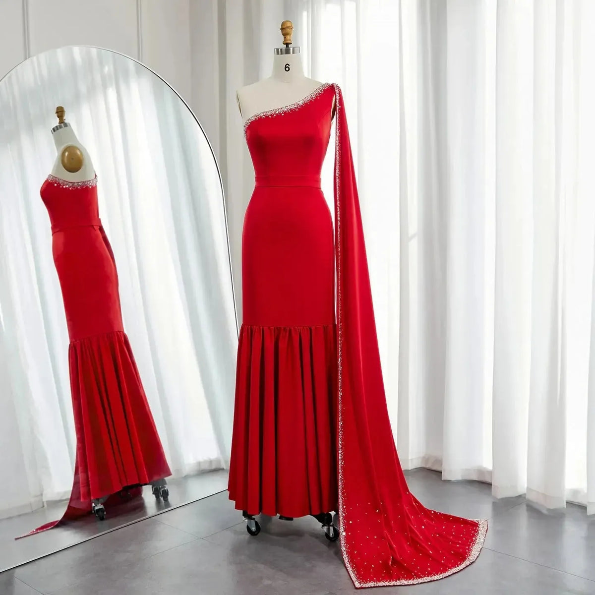 Arabic Burgundy One Shoulder Evening Dress with Cape Sleeve Women for Wedding Luxury Dubai Formal Party Gowns SS384