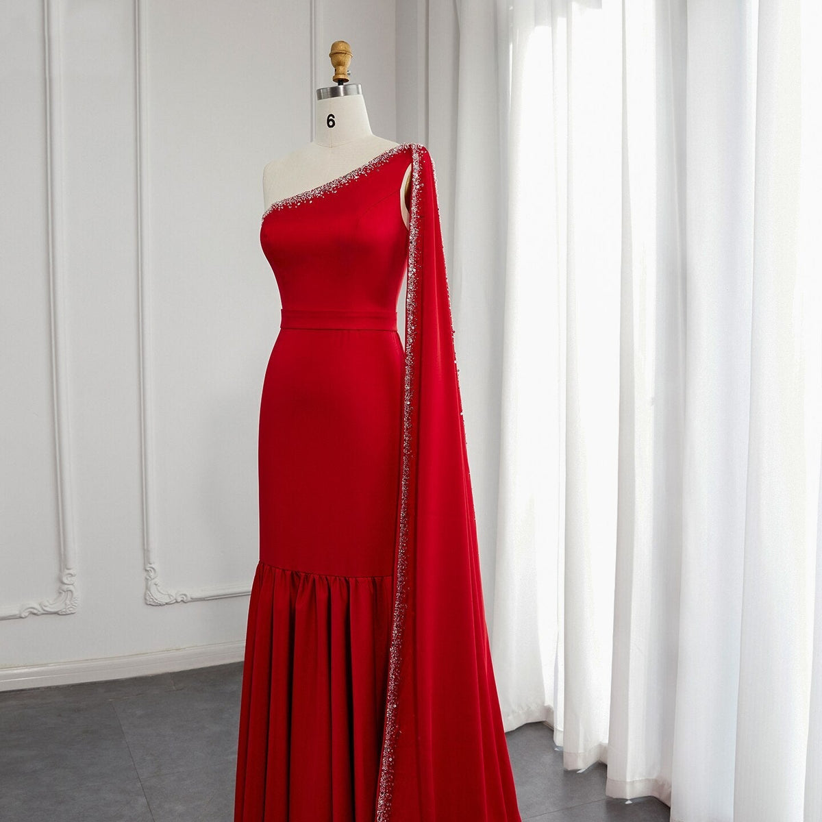 Arabic Burgundy One Shoulder Evening Dress with Cape Sleeve Women for Wedding Luxury Dubai Formal Party Gowns SS384