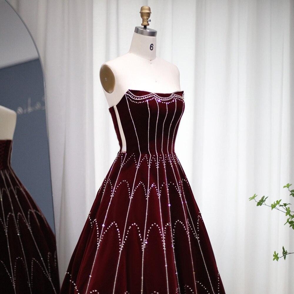 Arabic Burgundy Velvet Ball Gown Evening Dress 2023 Luxury Dubai Crystal Women Formal Party Dress for Wedding SS274