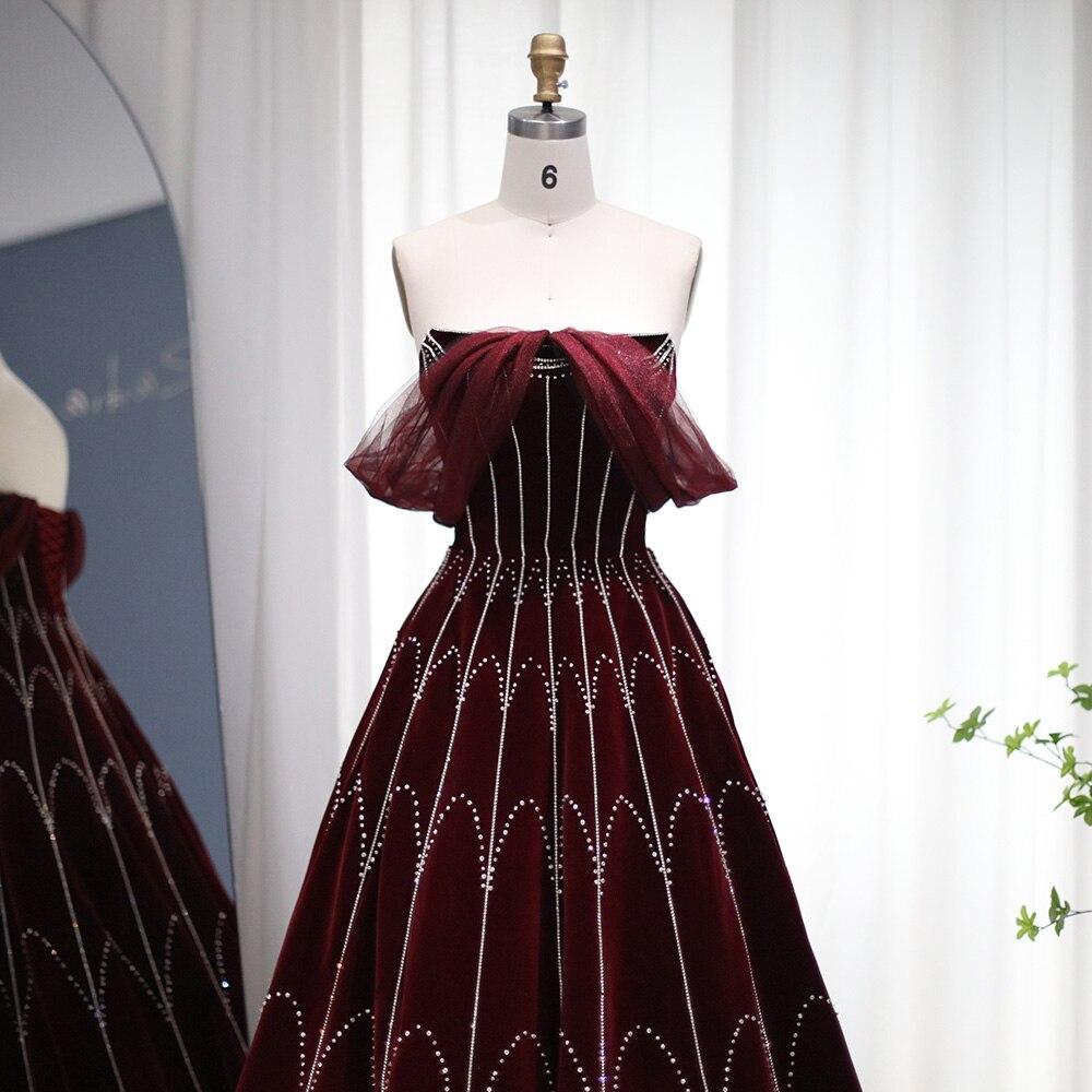 Arabic Burgundy Velvet Ball Gown Evening Dress 2023 Luxury Dubai Crystal Women Formal Party Dress for Wedding SS274