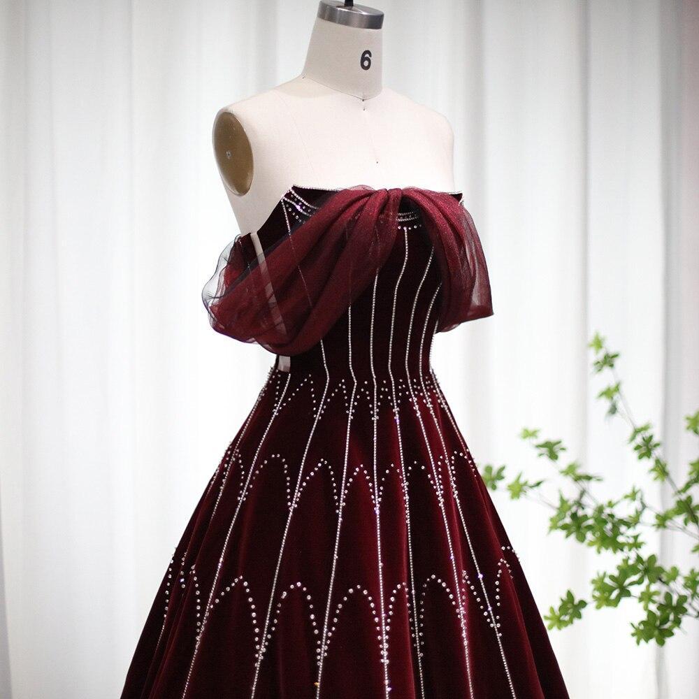Arabic Burgundy Velvet Ball Gown Evening Dress 2023 Luxury Dubai Crystal Women Formal Party Dress for Wedding SS274