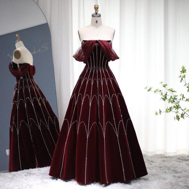 Arabic Burgundy Velvet Ball Gown Evening Dress 2023 Luxury Dubai Crystal Women Formal Party Dress for Wedding SS274