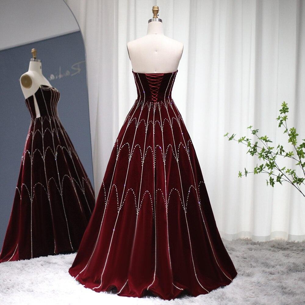 Arabic Burgundy Velvet Ball Gown Evening Dress 2023 Luxury Dubai Crystal Women Formal Party Dress for Wedding SS274