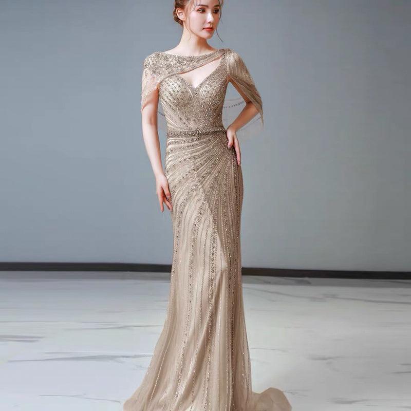 Arabic Champagne Dubai Mermaid Evening Dress with Cape Luxury Bead Formal Prom Dresses for Women Wedding Party SS122