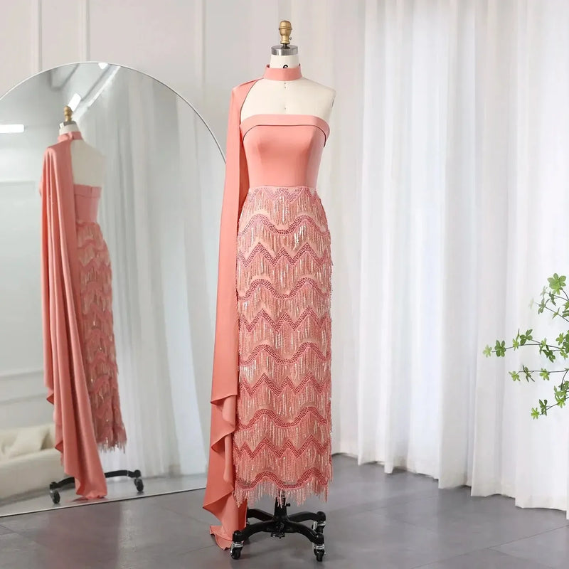 Arabic Coral Pink Tassel Evening Dress with Scarf 2024 Elegant Strapless Dubai Women Wedding Party Gowns SS460