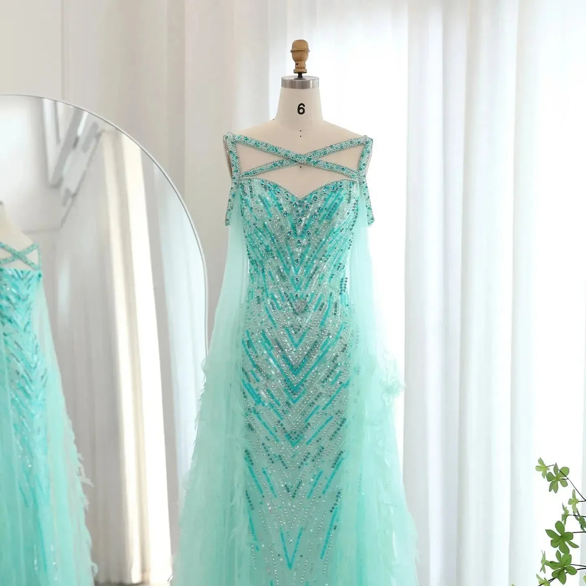 Arabic Fuchsia Mermaid Dubai Evening Dresses with Cape Sleeves Luxury xTurquoise Women Wedding Party Dress SS468