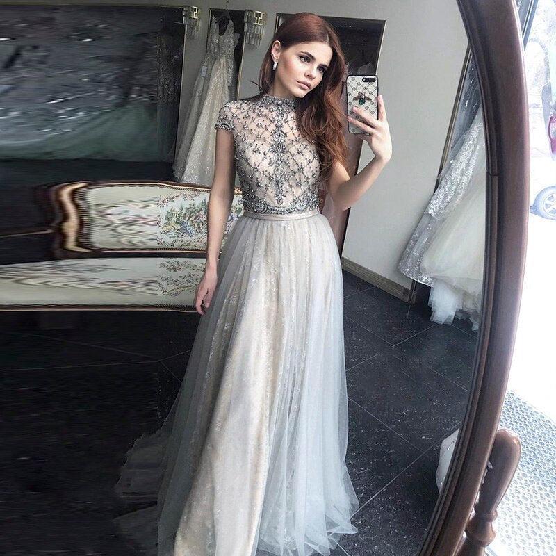 Arabic Gray Lace Short Evening Dresses Luxury Dubai Vintage Tea Length Formal Dress for Women Wedding Party SS253