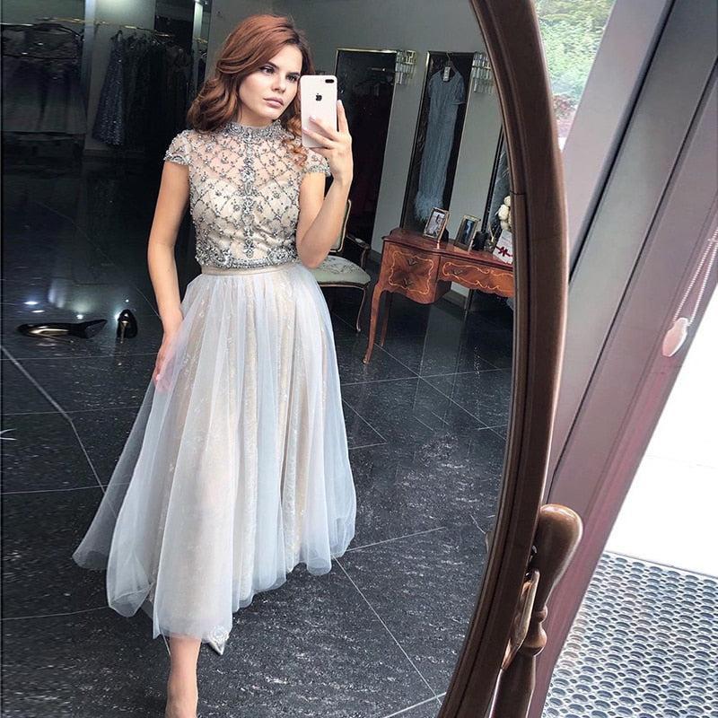 Arabic Gray Lace Short Evening Dresses Luxury Dubai Vintage Tea Length Formal Dress for Women Wedding Party SS253