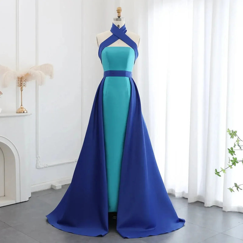 Arabic Royal Blue Contrast Turquoise Evening Dress with Overskirt Criss Cross Halter Women Wedding Party Dress SF012