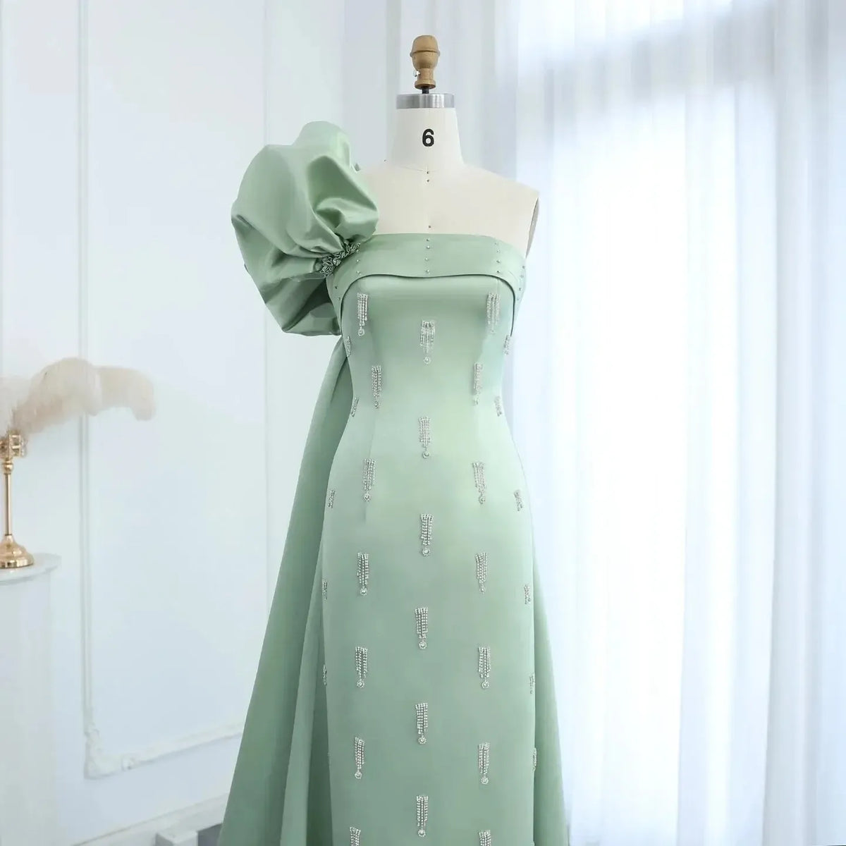 Arabic Sage Green One Shoulder Evening Dress with Cape Luxury Crystal Tassel Dubai Wedding Party Gowns SS368