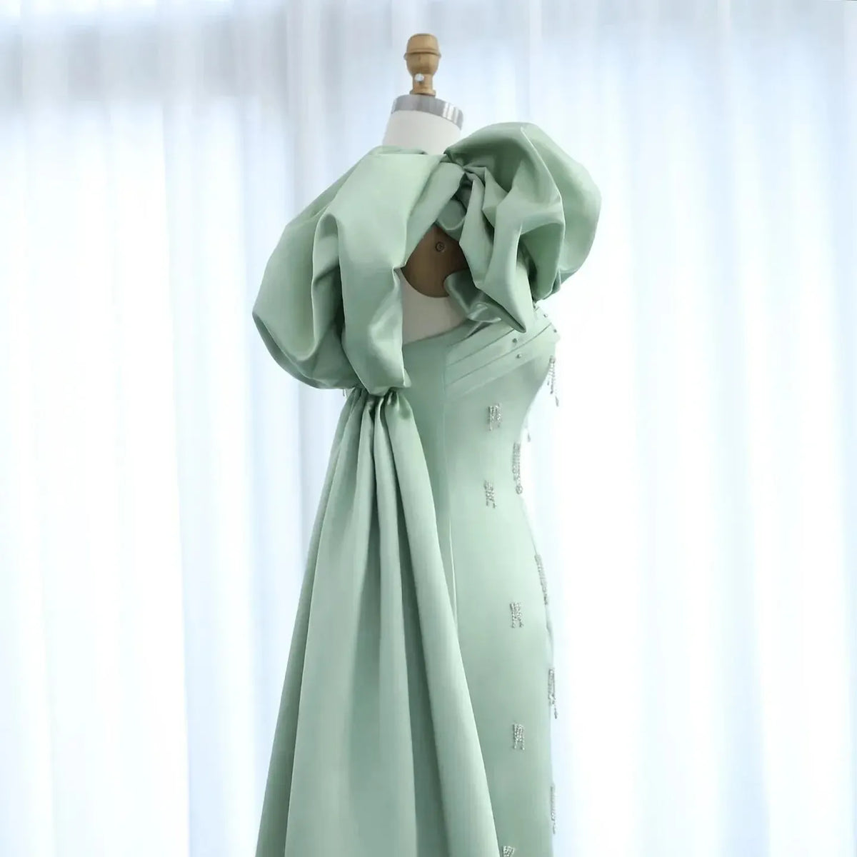 Arabic Sage Green One Shoulder Evening Dress with Cape Luxury Crystal Tassel Dubai Wedding Party Gowns SS368