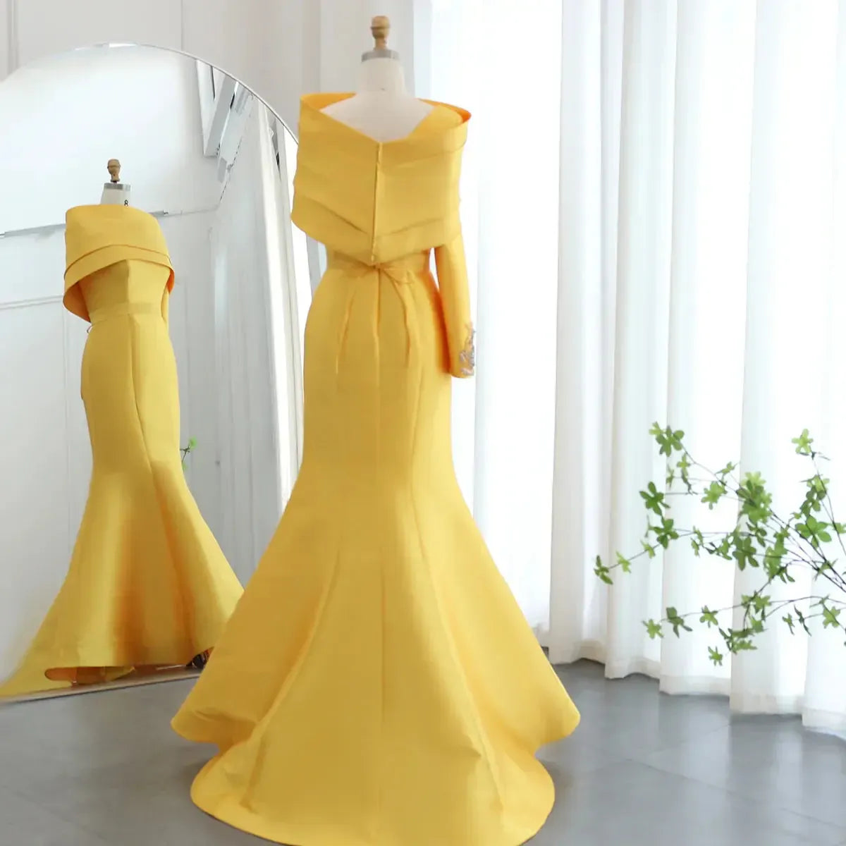 Arabic Yellow One Shoulder Mermaid Evening Dress with Cape Baby Blue Beaded Dubai Luxury Wedding Party Dress SF014