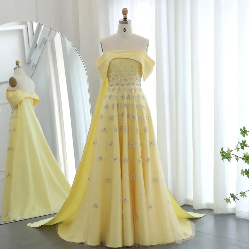 Arabic Yellow Satin Luxury Dubai Evening Dress with Cape 2024 Elegant Off Shoulder Women Wedding Party Gowns SS455