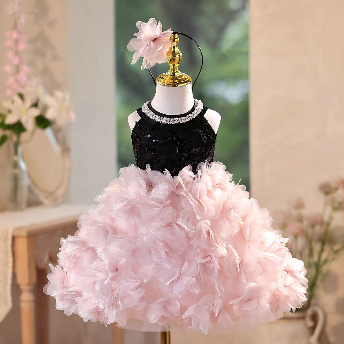 Pink Sleeveless Pearl Floral Tulle Flower Girl Dress D108