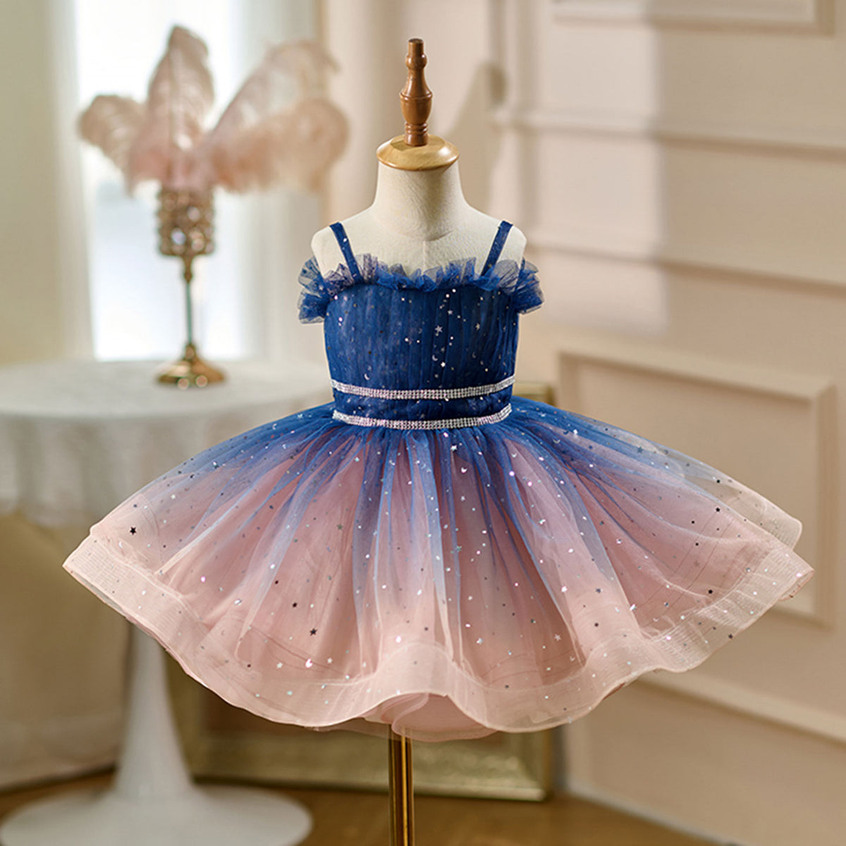 Elegant Blue Girl Dress Knee Length Kids Princess Birthday Gown D159