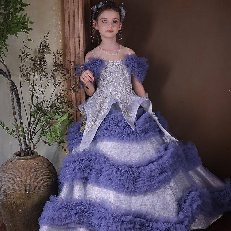 Luxury Blue Girl Dress Off Shoulder Beaded Gown for Princess Birthday Pageant J325