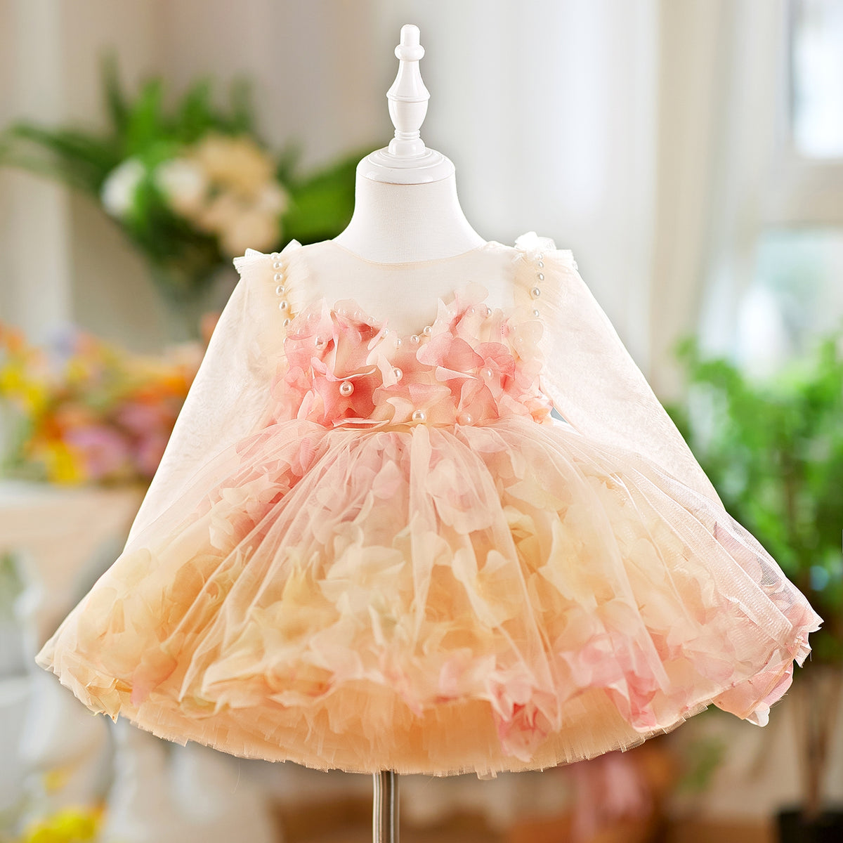 Jill Long Sleeve Pearl and Flower Embellished Flower Girl Dress D096