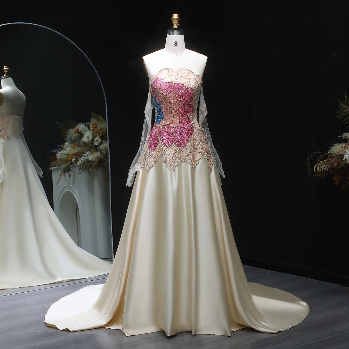 Beige Strapless Satin Evening Dress with Gloves SS513