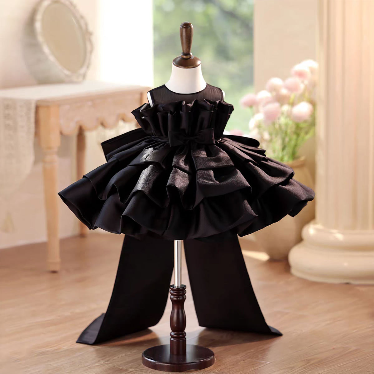 Black Flower Girl Dress Ruffle Layered Princess Party Ball Gown D128