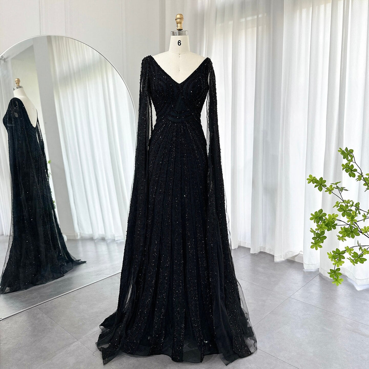 Black Arabic Mermaid Evening Dresses with Cape Sleeves 2023 Luxury Beaded Dubai For Women Wedding Party Gowns SS218