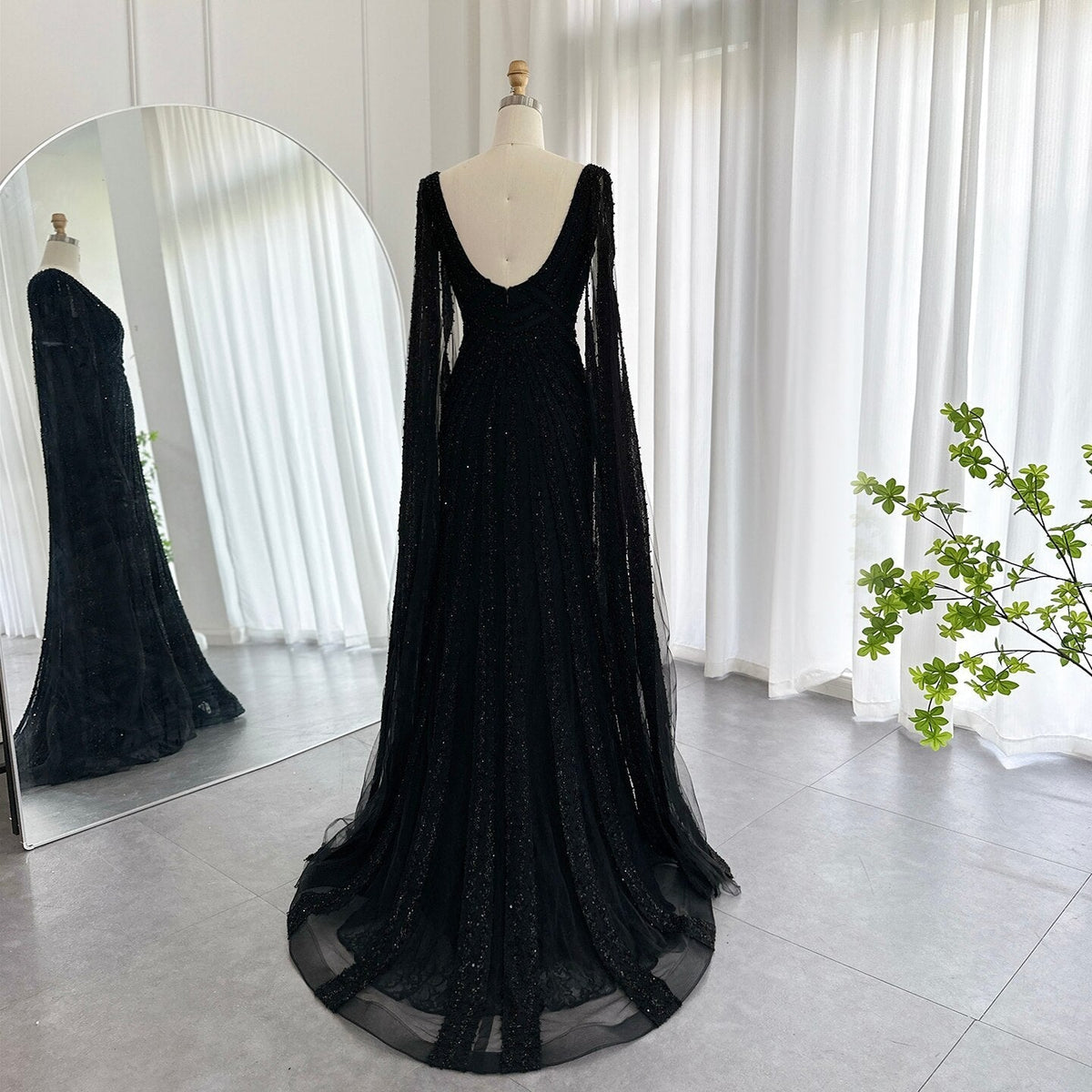 Black Arabic Mermaid Evening Dresses with Cape Sleeves 2023 Luxury Beaded Dubai For Women Wedding Party Gowns SS218
