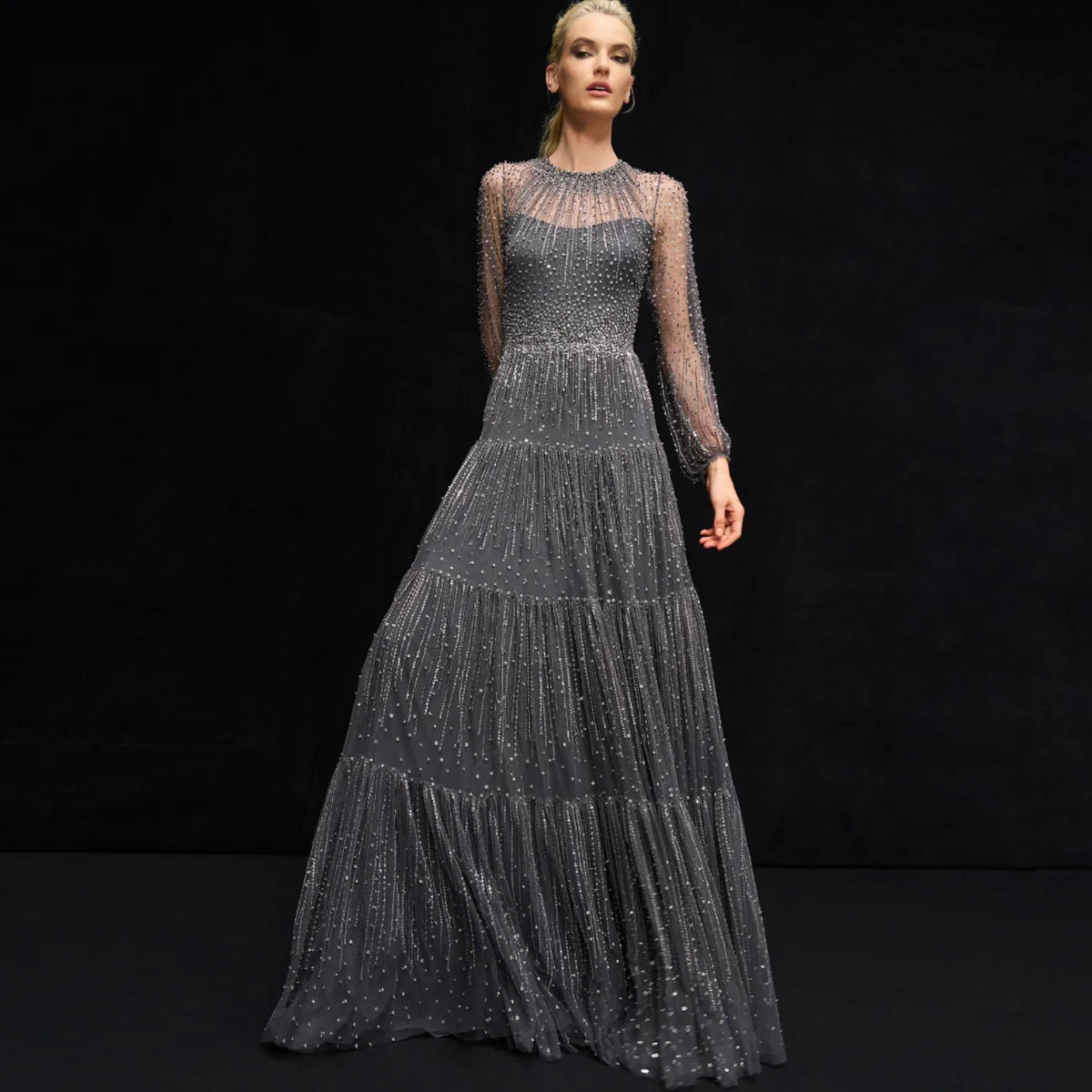 Glamorous Black Beaded Evening Dress with Dramatic Ruffle Details SS514