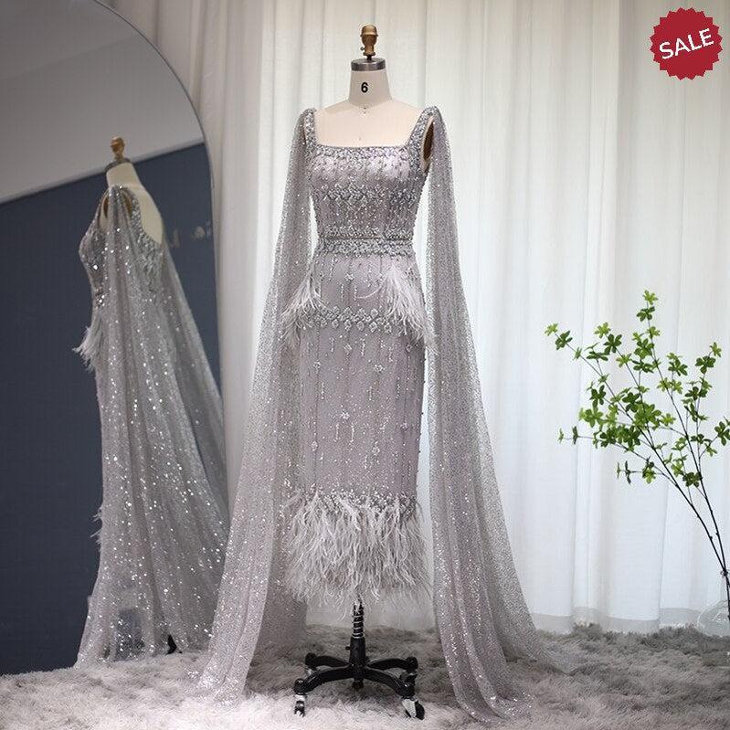 Bling Gray Mermaid Arabic Evening Dress with Cape Luxury Feather Dubai Formal Dresses for Women Wedding Party SS279