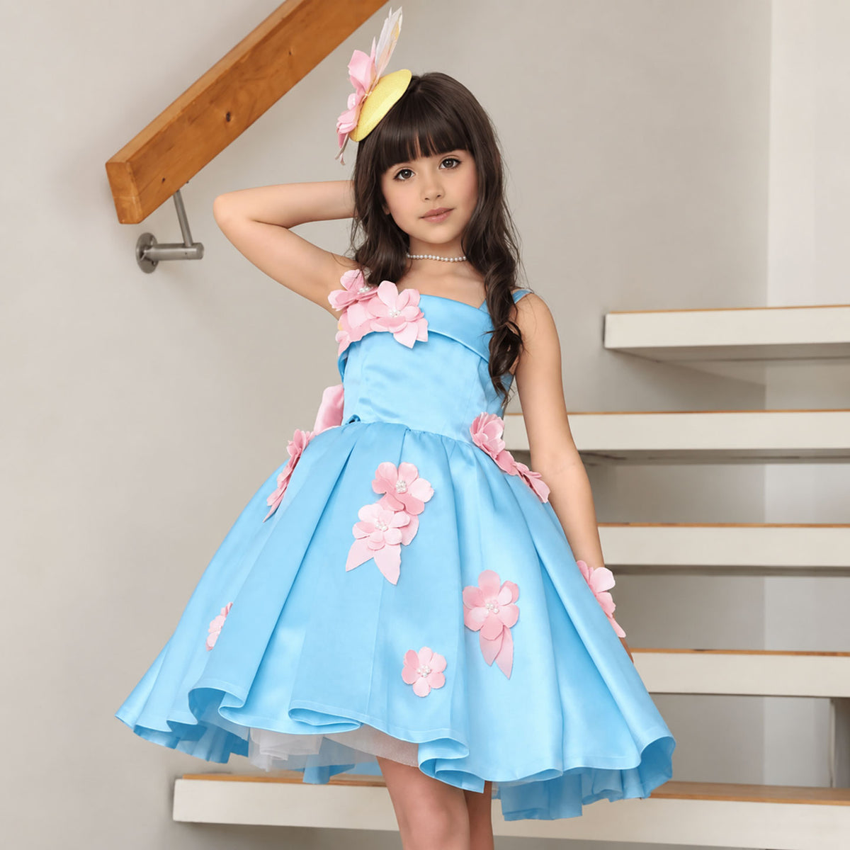 Pink Floral Girls' Special Occasion Dress with Full Skirt and Back Bow D300
