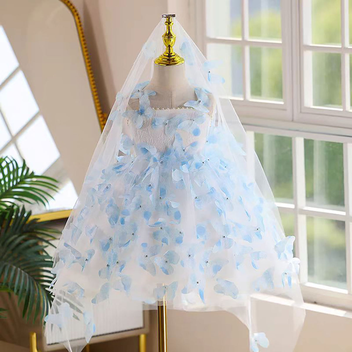 Jill Blue Butterfly Suspender Flower Girl Dress D090