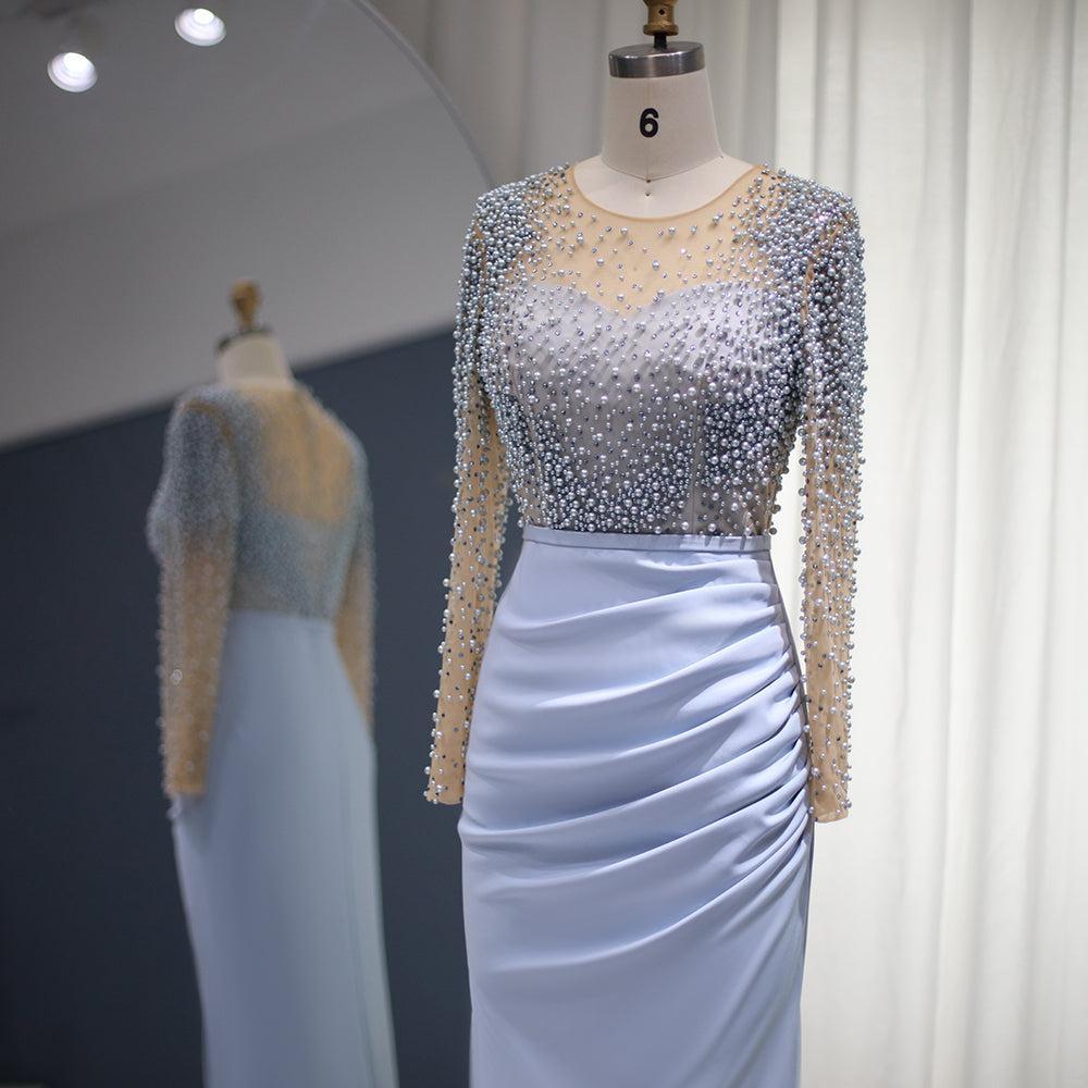 Blue Mermaid Arabic Evening Dresses Dubai Luxury Pearls Long Sleeves Muslim Formal Dress for Women Wedding SS272