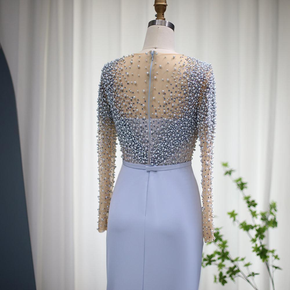 Blue Mermaid Arabic Evening Dresses Dubai Luxury Pearls Long Sleeves Muslim Formal Dress for Women Wedding SS272