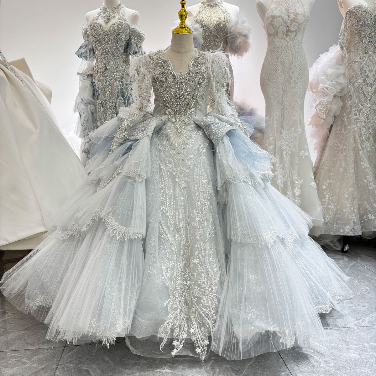 Luxury Blue Girl Wedding Dress Beaded Princess Birthday Pageant Gown J066