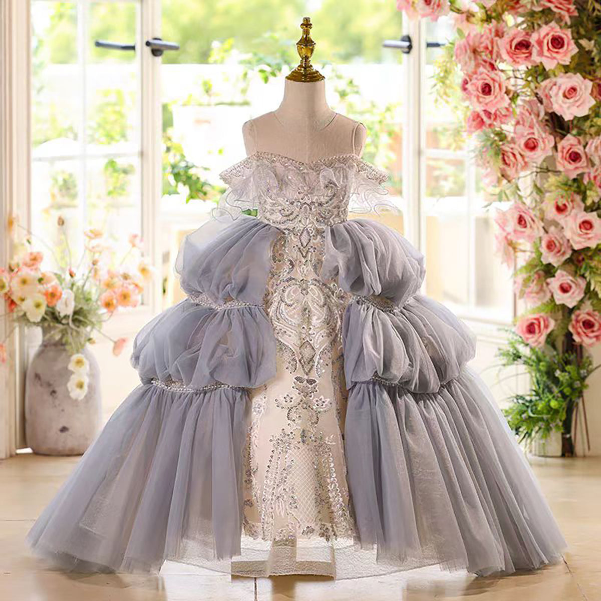 Jill Off Shoulder Luxury Pearled Ruffle Flower Girl Princess Dress D073