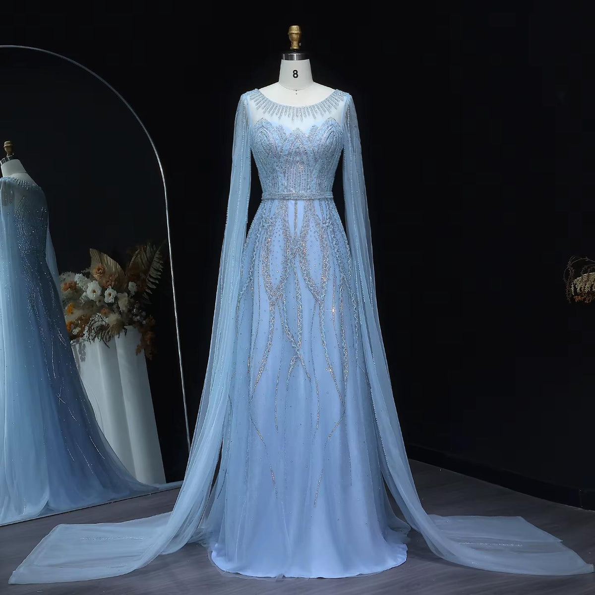 Blue Beaded Evening Dress with Cape Sleeves SS032