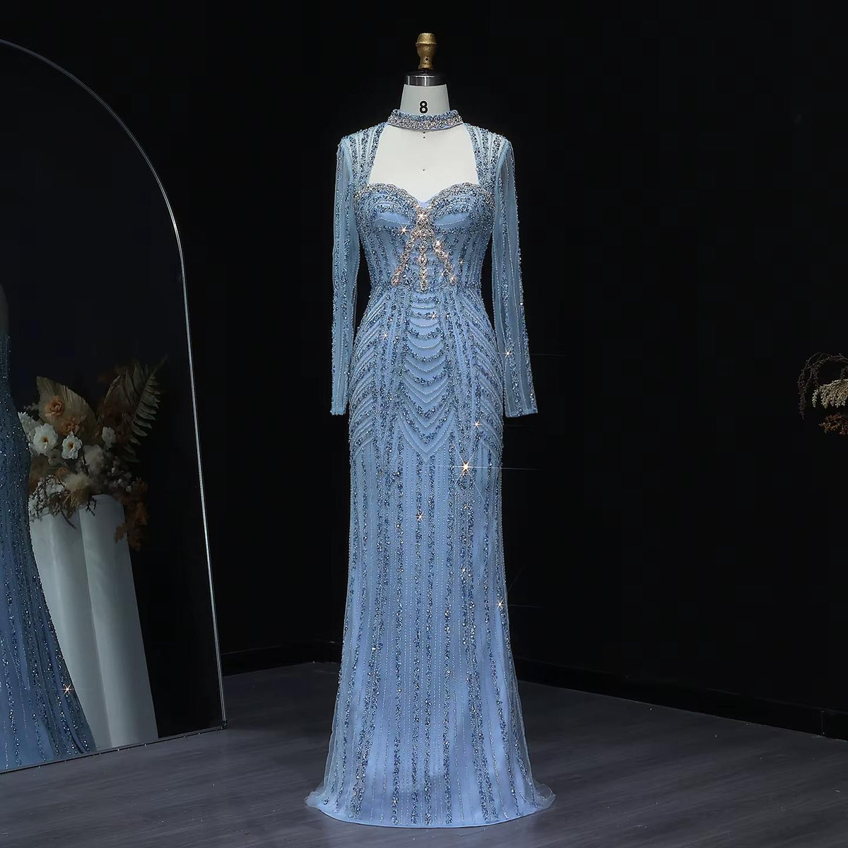 Light Blue Arabic Evening Dress with Long Sleeves SS635