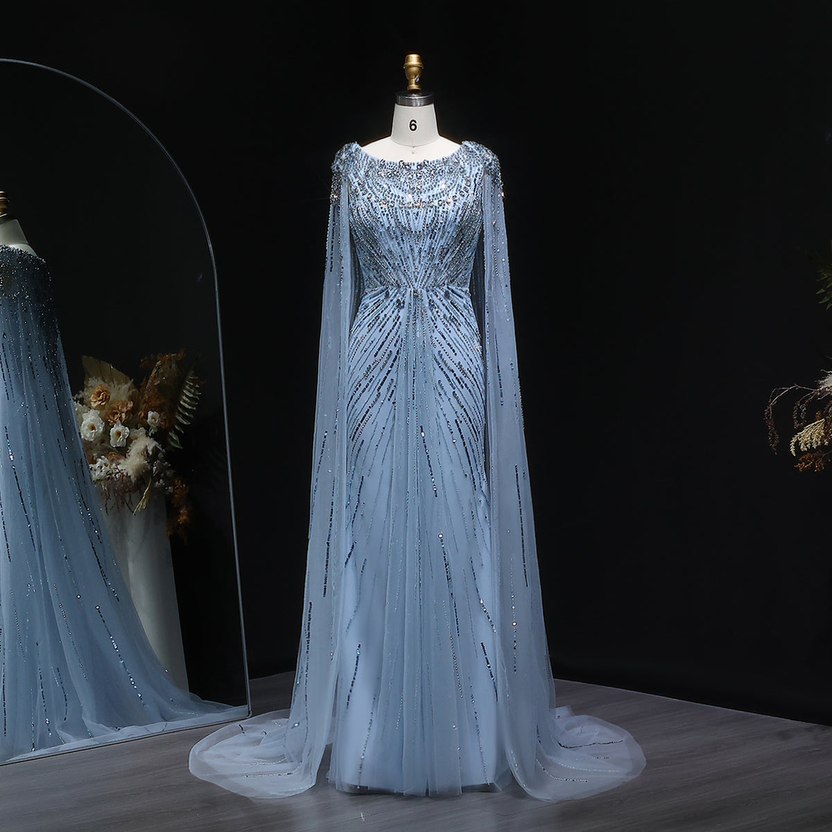 Luxury Lilac Evening Dress with Sparkling Crystals and Cape Sleeves SS549