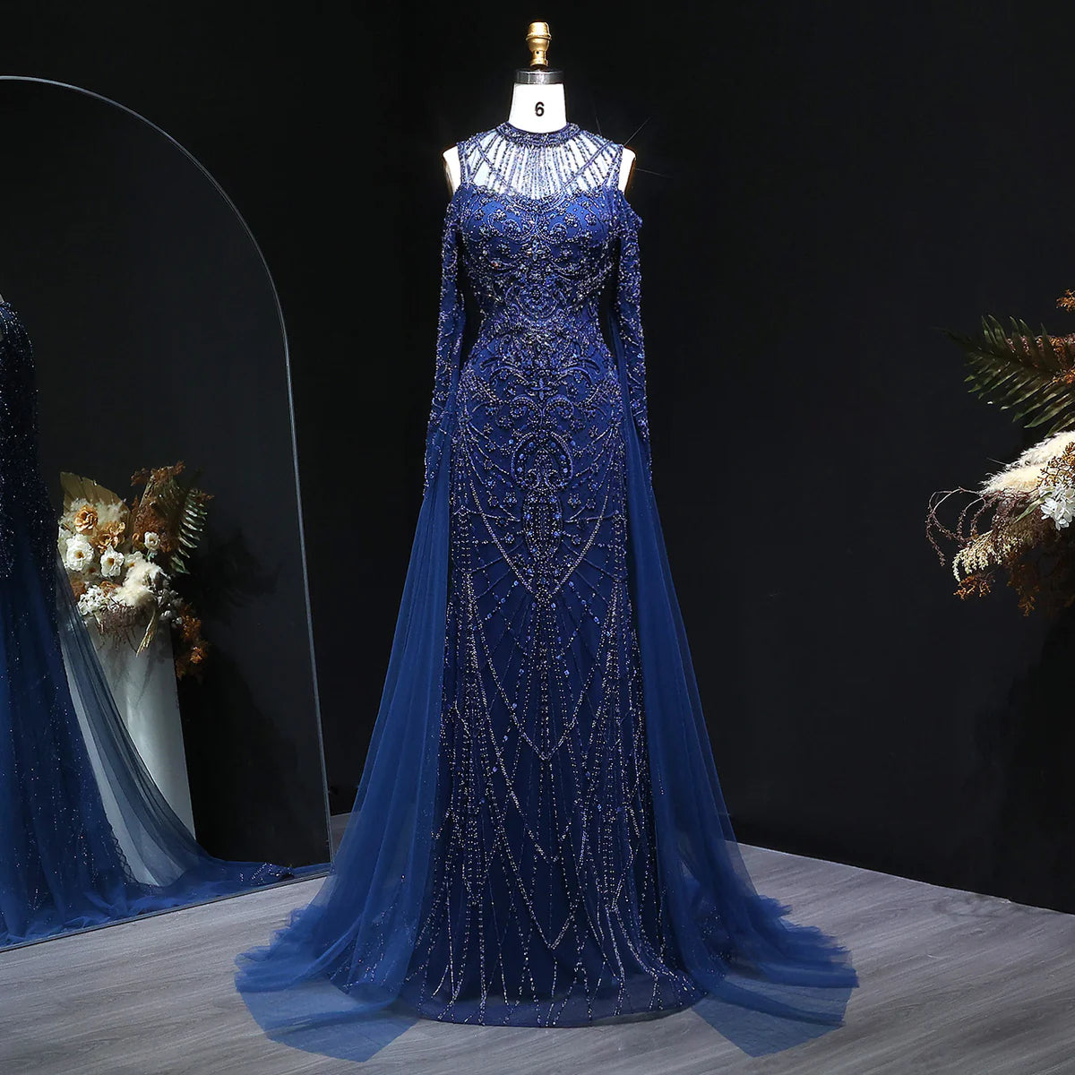 Luxury Navy Blue Beaded Formal Dress with Flowing Cape SS111
